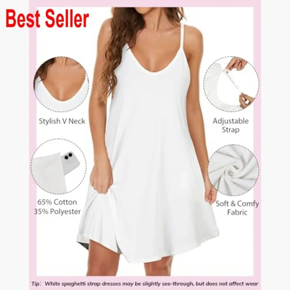 Cotton Blend Spaghetti Strap Sundress with Pockets Loose Fit